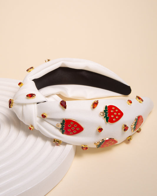 Sadie Fruit Enamel Charm Crystal Embellished Top Knotted Headband | Strawberry