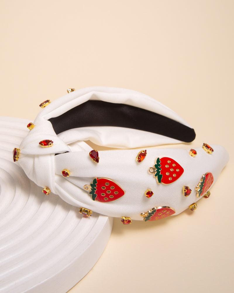 Sadie Fruit Enamel Charm Crystal Embellished Top Knotted Headband | Strawberry