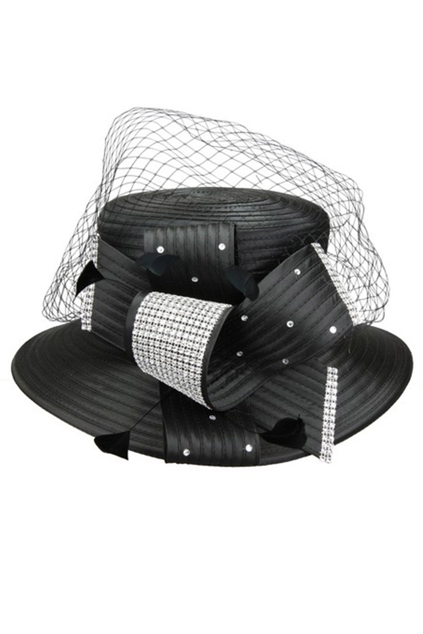 Emilia Rhinestone Pave Ribbon w/ Veil Braid Hat | Black