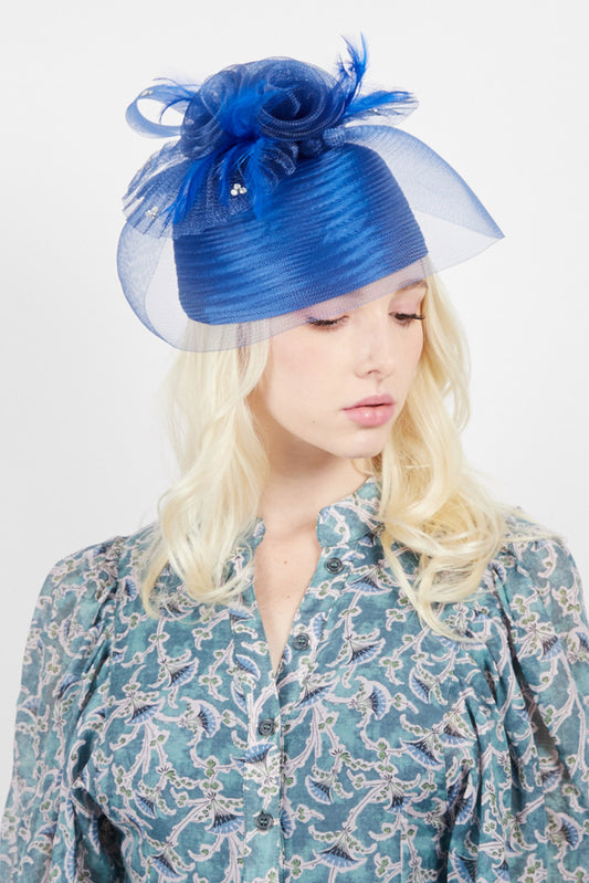 Grace Triple Rose Mesh w/ Feathers and Rhinestones Pillbox Hat