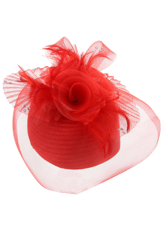 Grace Triple Rose Mesh w/ Feathers and Rhinestones Pillbox Hat | Red