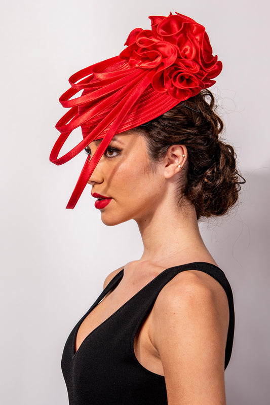 Scarlett Ribbon Flower Pillbox Braid Hat w/ Floating Ribbon Loops