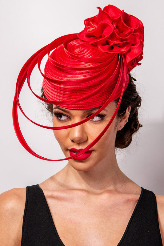 Scarlett Ribbon Flower Pillbox Braid Hat w/ Floating Ribbon Loops