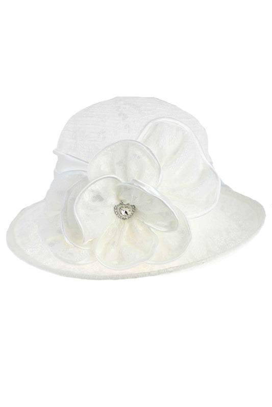 Samantha Laced Flower w/ Rhinestone Heart Center Cloche Hat