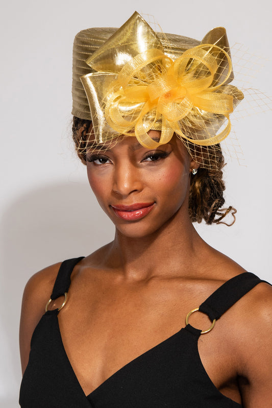 Selena Ribbon Metallic Dressy Netted Pill Box Braid Hat