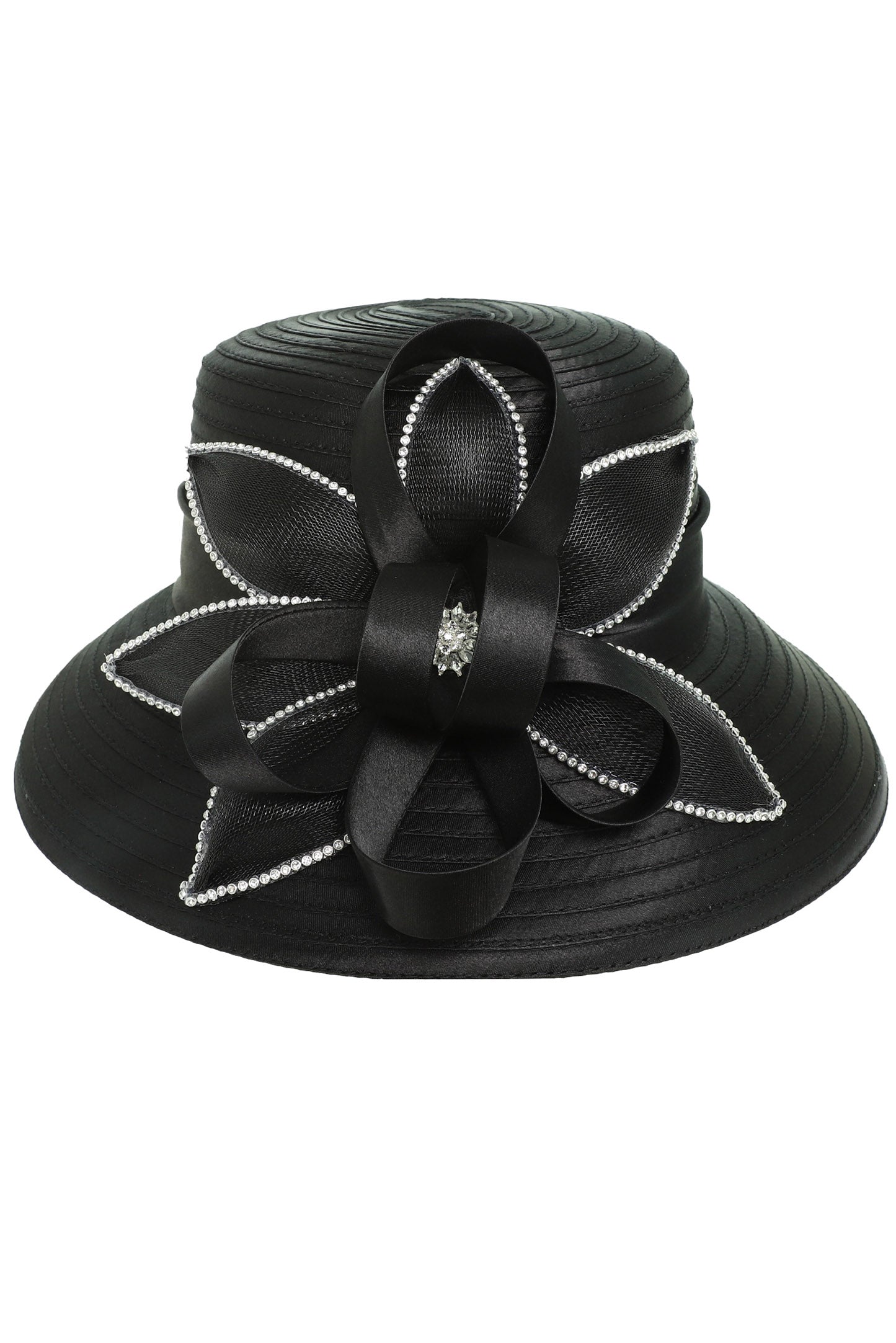 Lucy Jeweled Floral Bow Down Brim Braid Hat | Black