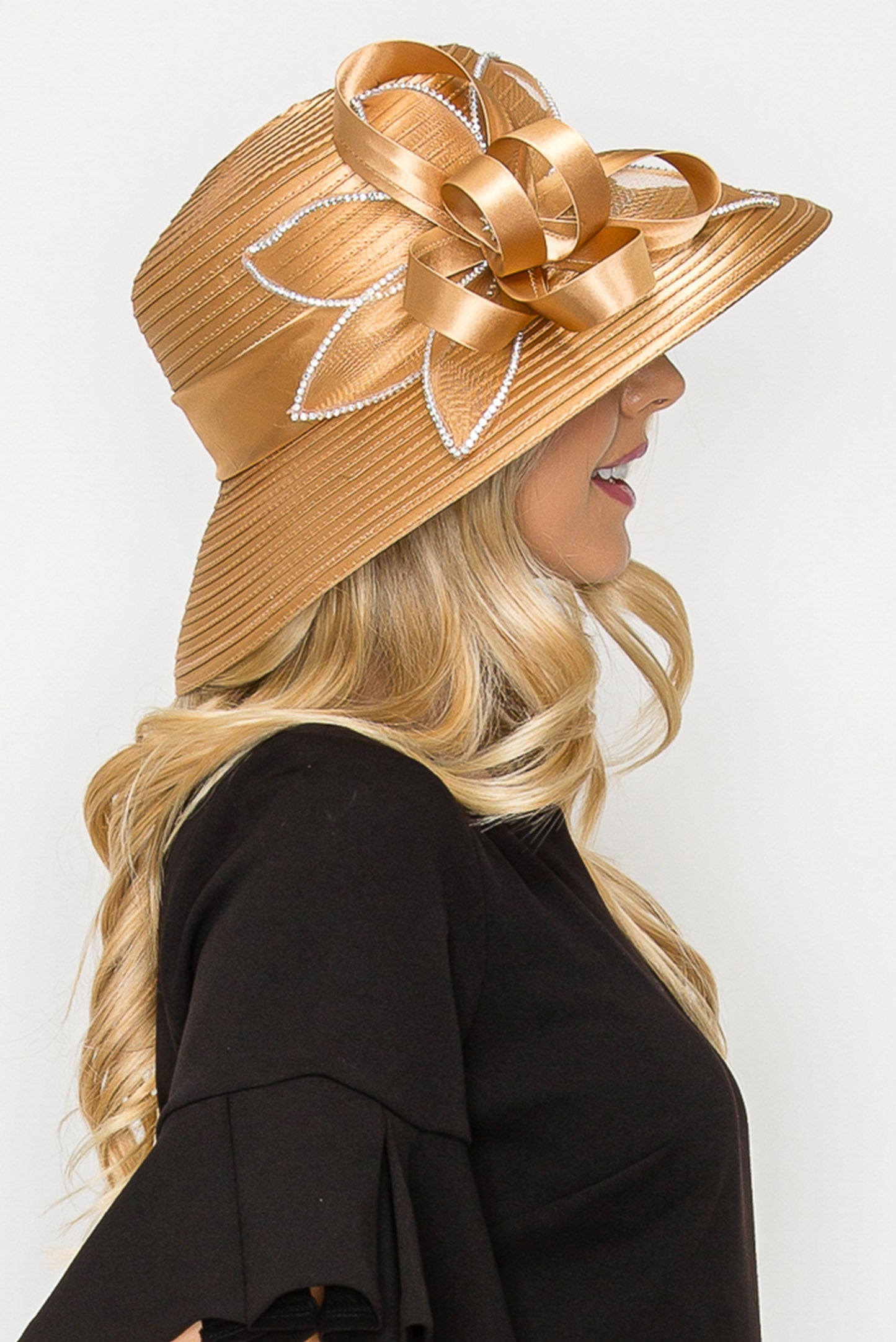 Lucy Jeweled Floral Bow Down Brim Braid Hat