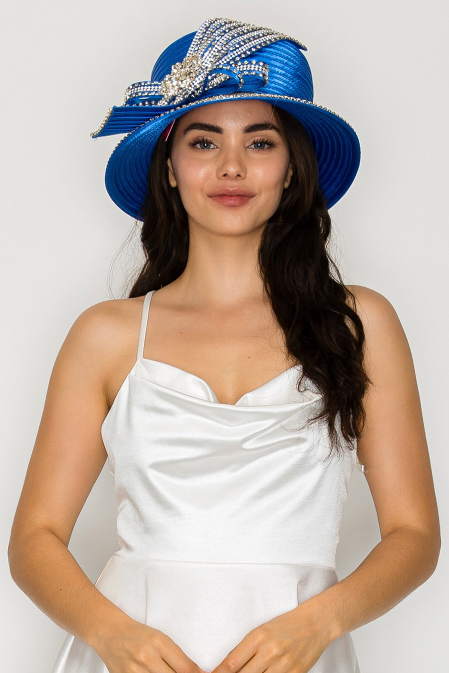 Lucy Down Brim Paper Braid Hat with Large Decorative Crystal