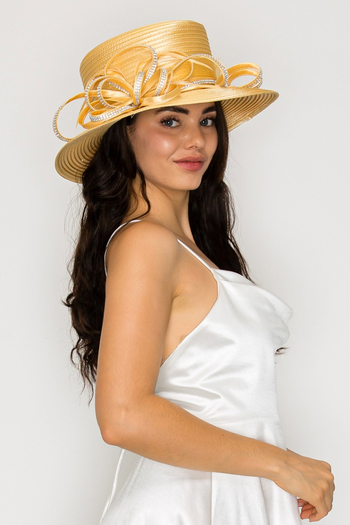 Hannah Down Brim Paper Braid Hat with Decorative Rhinestone Ribbon