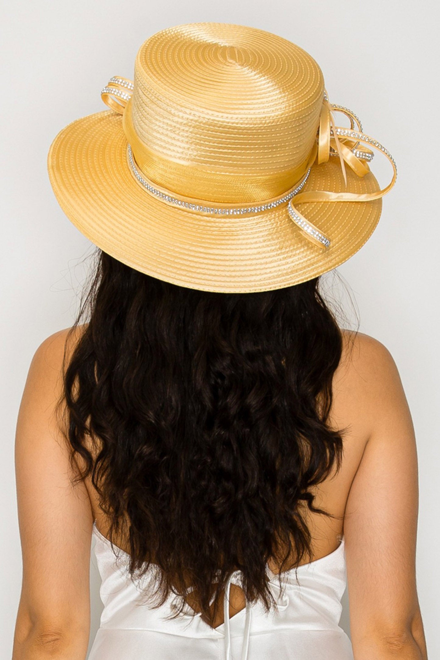 Hannah Down Brim Paper Braid Hat with Decorative Rhinestone Ribbon