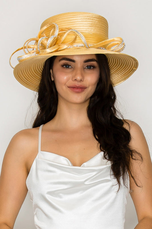 Hannah Down Brim Paper Braid Hat with Decorative Rhinestone Ribbon