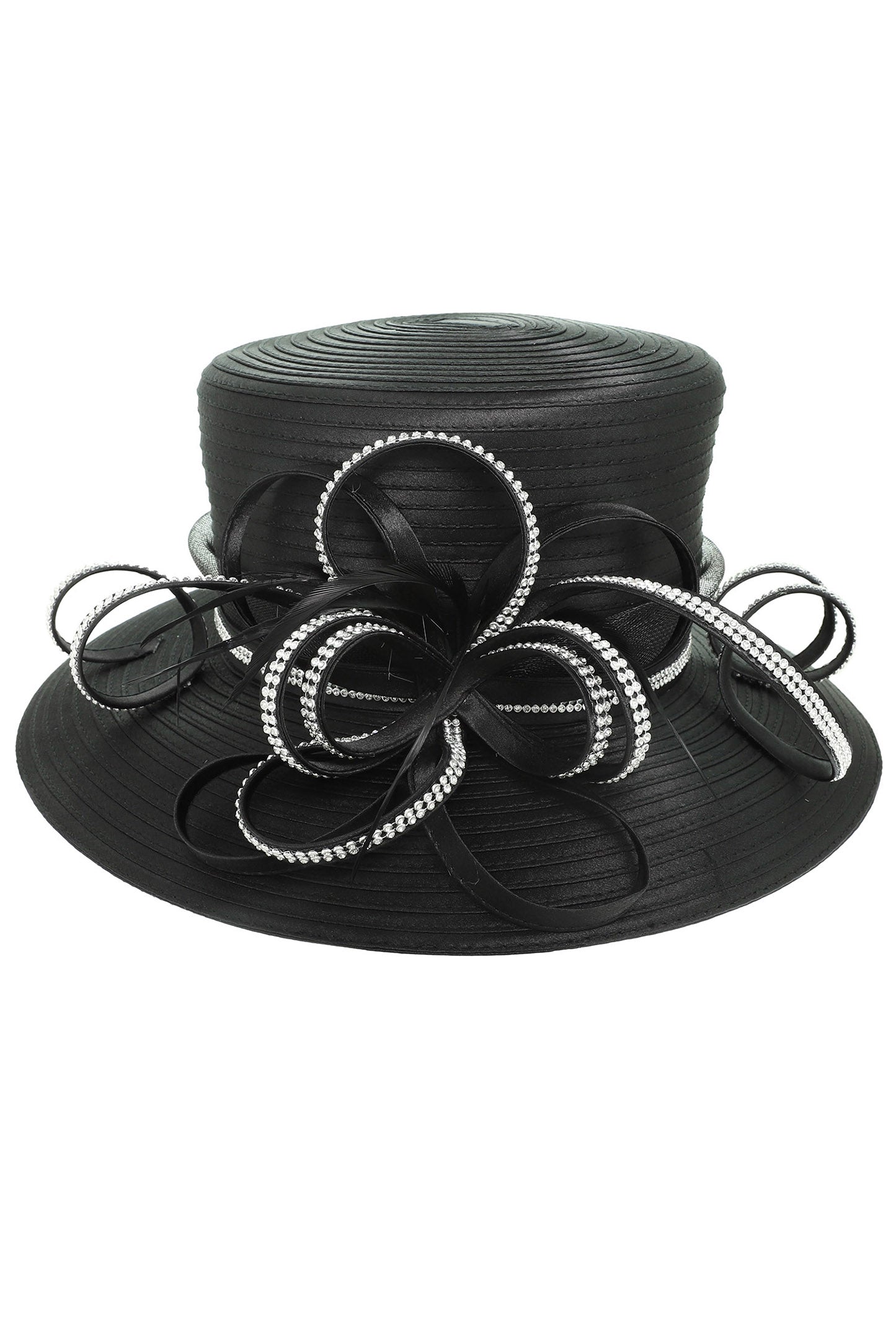 Hannah Down Brim Paper Braid Hat with Decorative Rhinestone Ribbon| Black