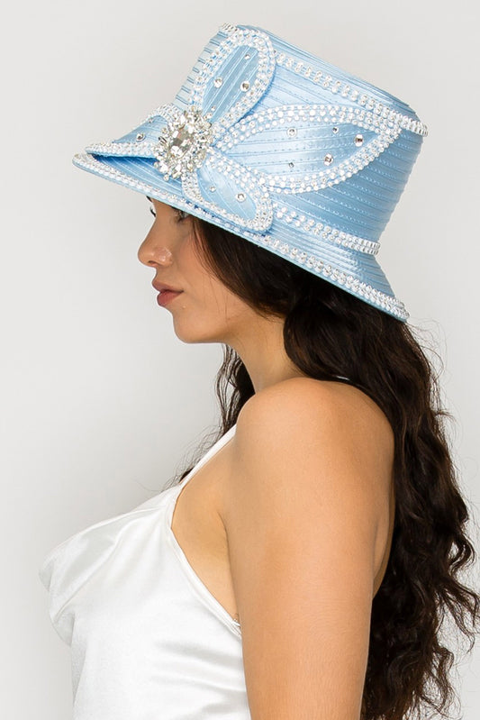 Lillian Down Brim Paper Braid Hat with Large Crystal Petal Flower