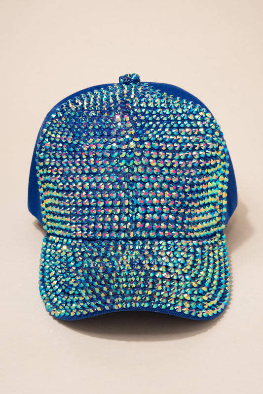 Front Bejeweled Sparkly Color Adjustable Women's Royal Blue Cap With AB Stones