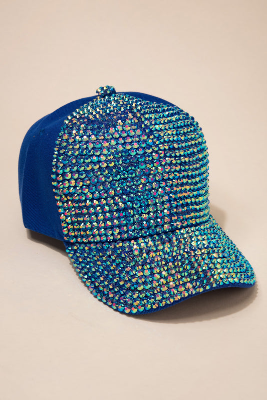 Front Bejeweled Sparkly Color Adjustable Women's Royal Blue Cap With AB Stones