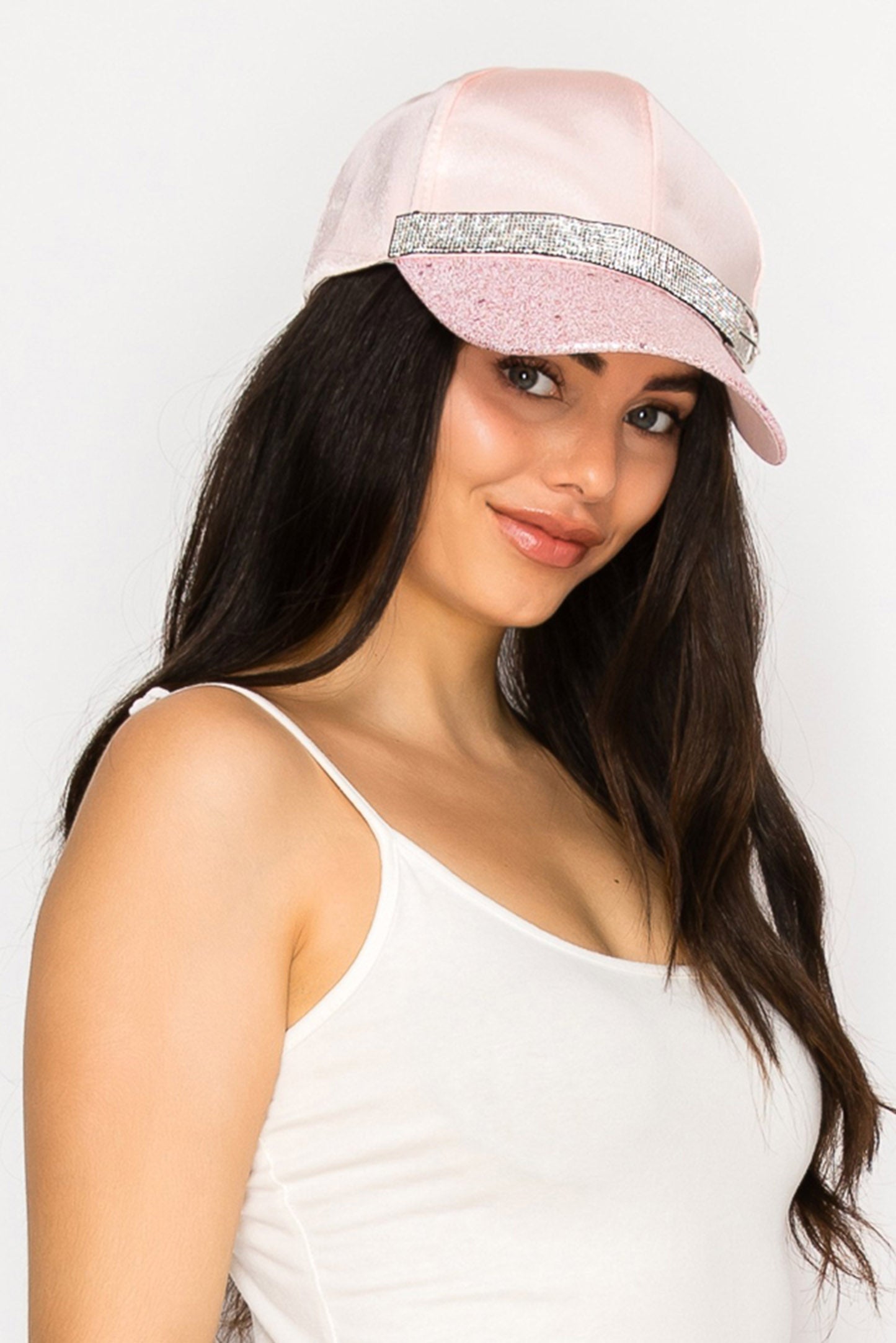Hannah Satin Baseball Cap with Glitter Brim and Rhinestone Buckle