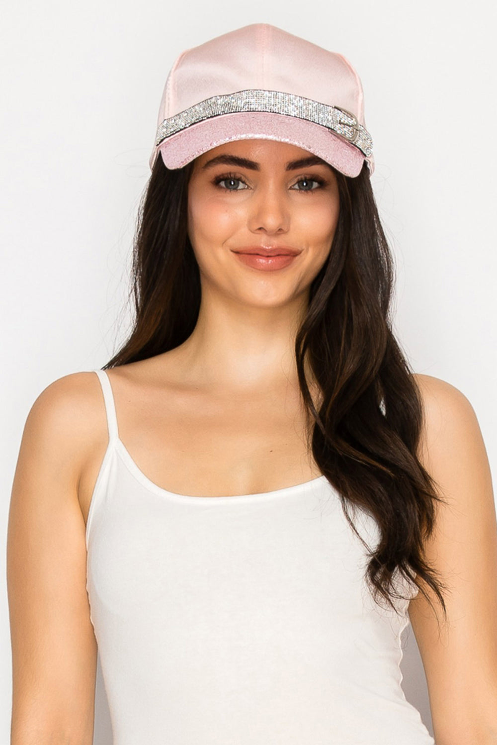 Hannah Satin Baseball Cap with Glitter Brim and Rhinestone Buckle