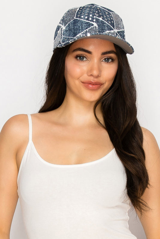 Lily Rhinestone Embellished Patchwork Design Denim Cap