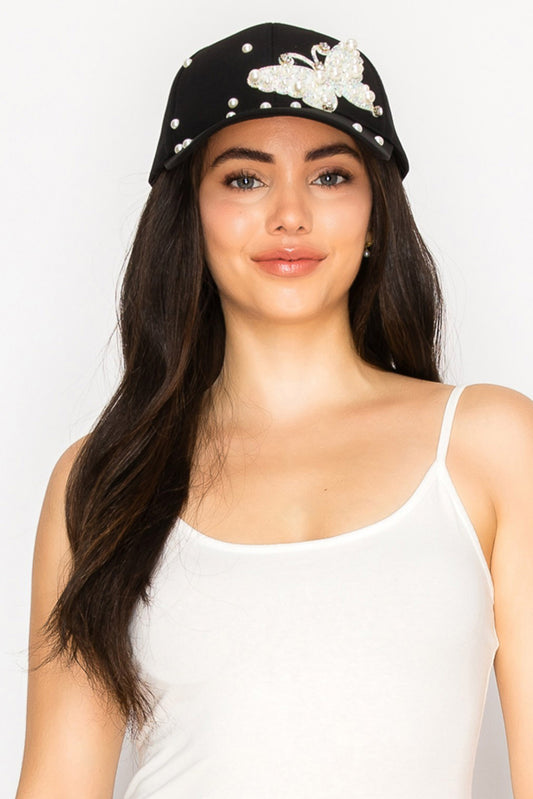 Ellie Embellished Butterfly Cap with Rhinestones and Pearls