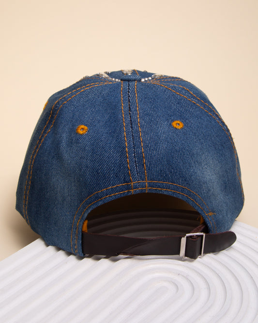 Stephanie Rhinestone Teardrop Distressed Denim Baseball Cap | Dark Blue
