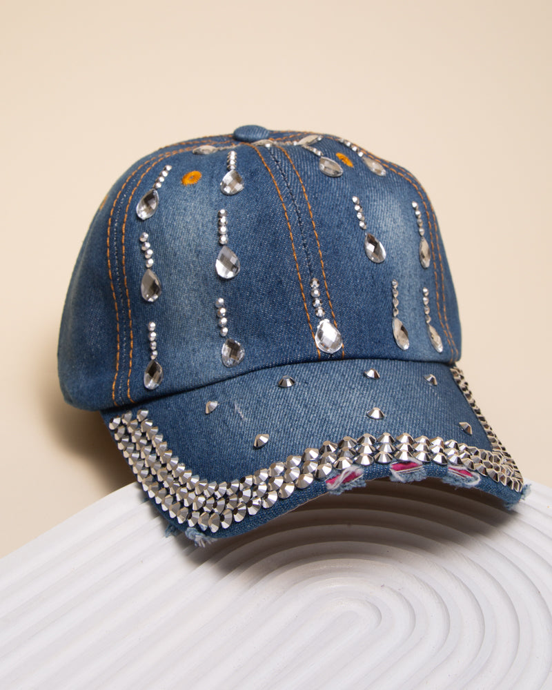 Stephanie Rhinestone Teardrop Distressed Denim Baseball Cap | Dark Blue
