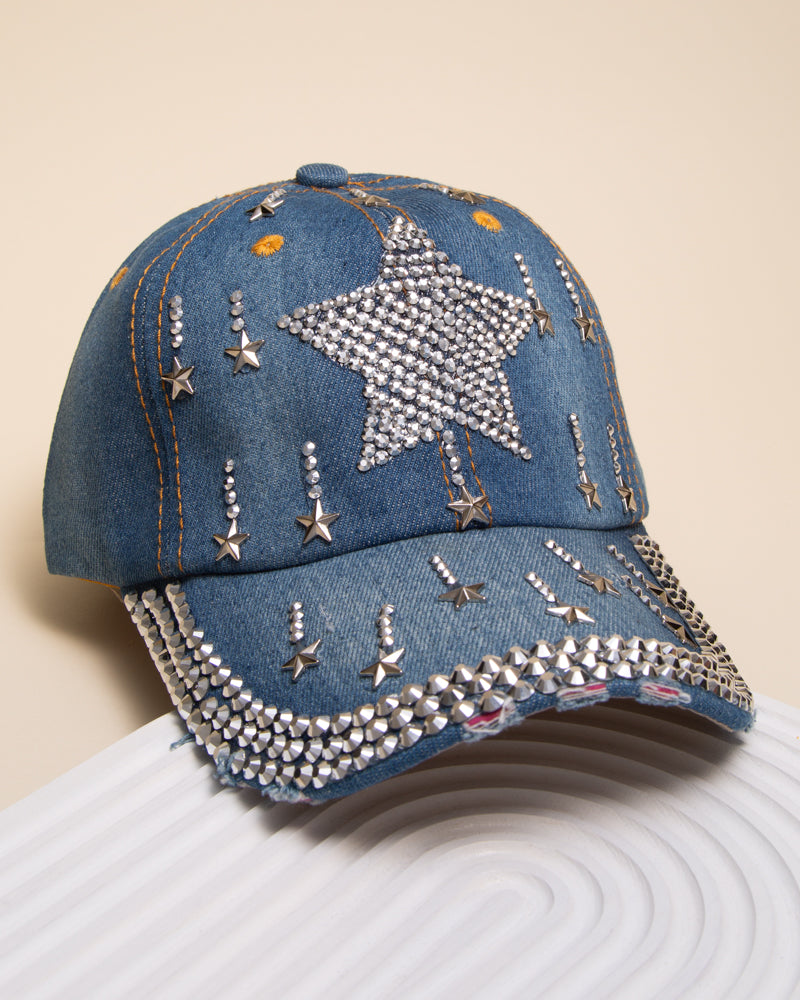 Mandy Distressed Denim Rhinestone Stars Baseball Cap | Dark Blue