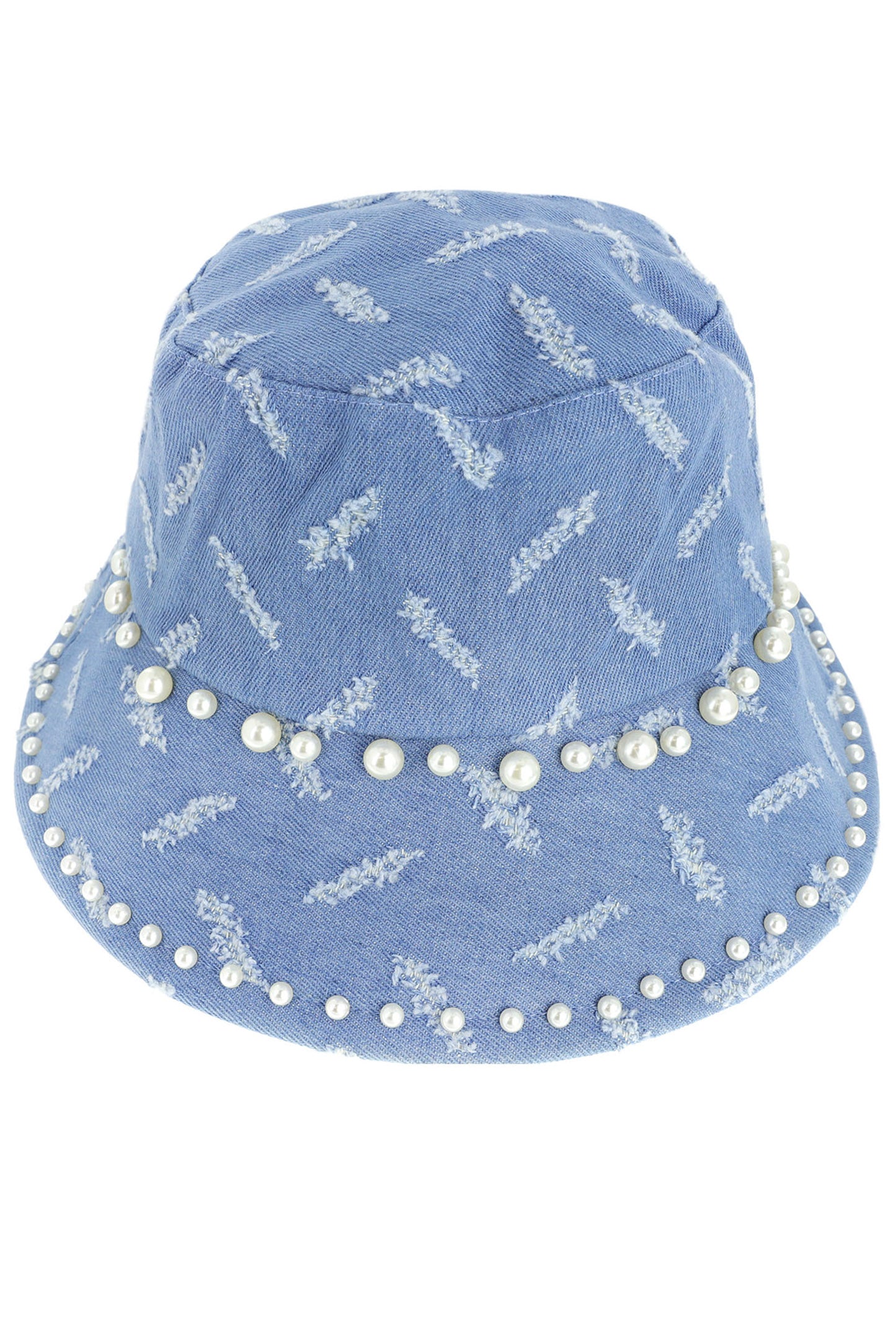 Melanie Distressed Denim Bucket Hat w/ Pearl Brim | Light Denim
