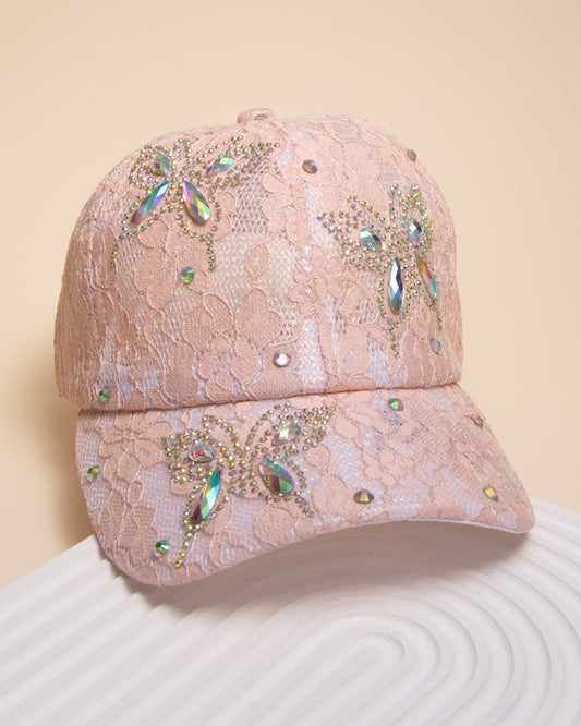 Mariah Rhinestone Jeweled Butterfly Lace Pattern Baseball Cap | Pink