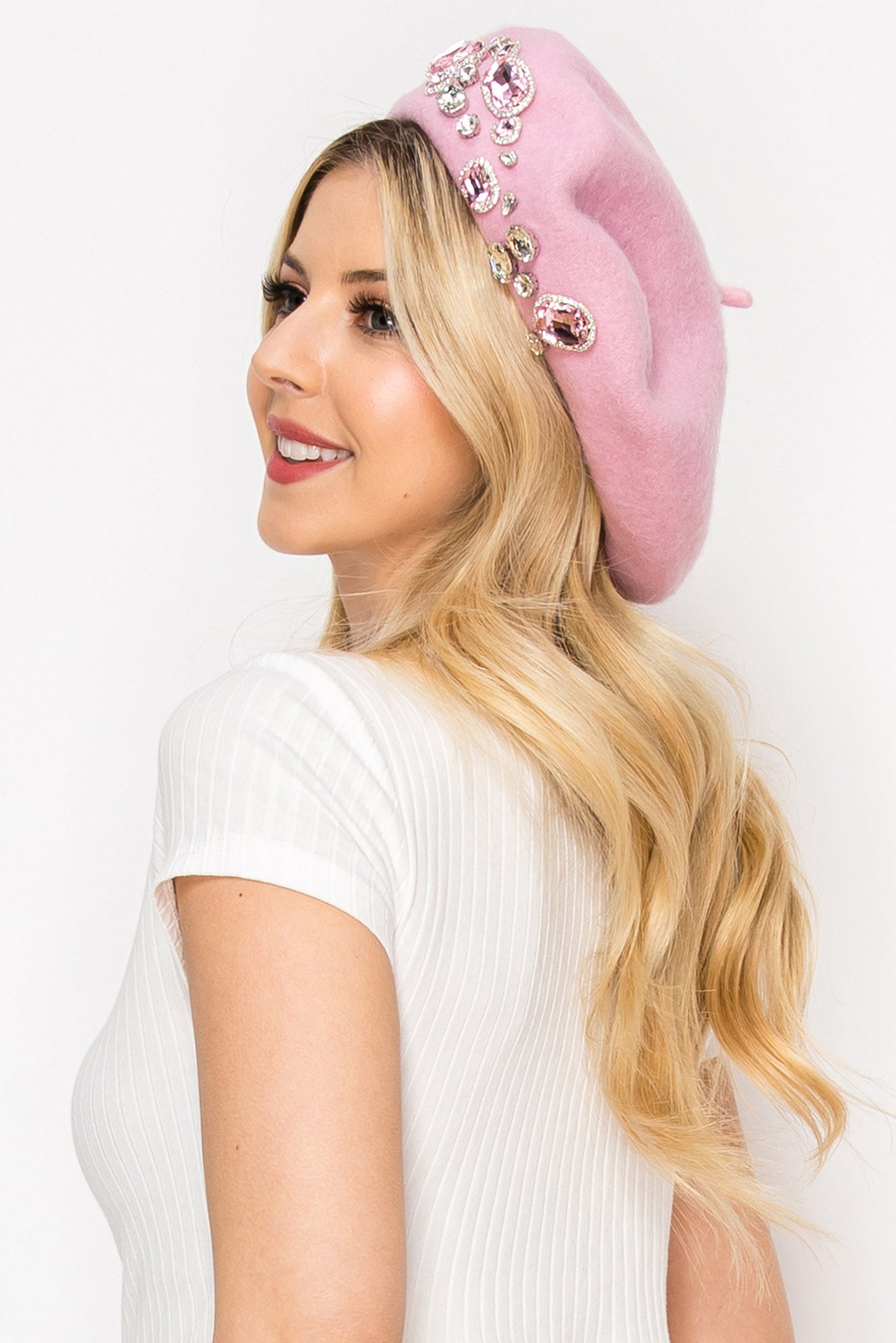 Crystal Rhinestone Embellished Wool Blend French Beret