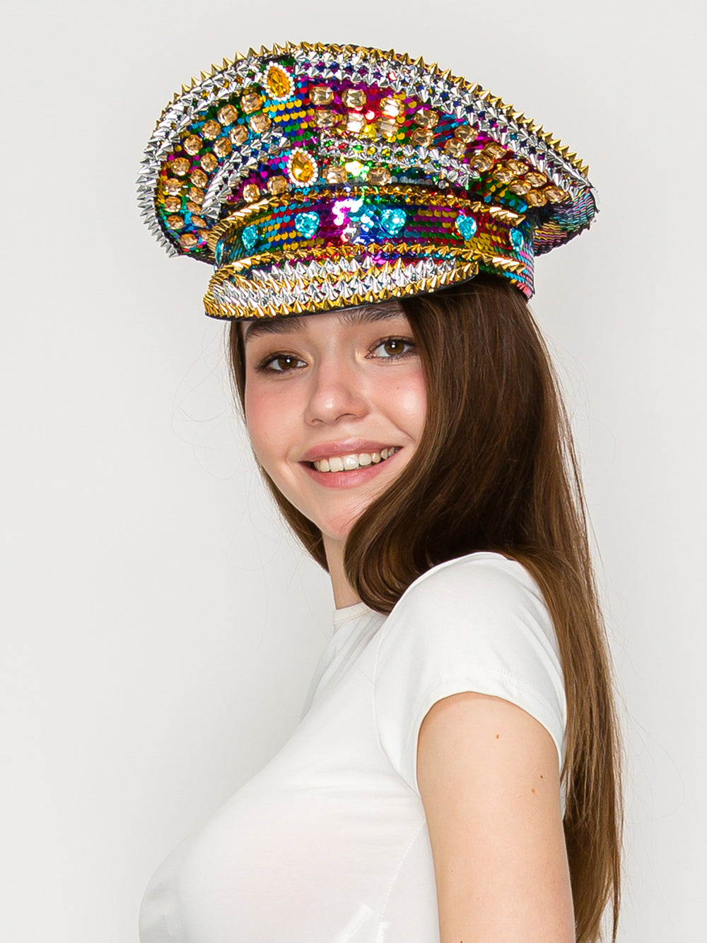 Naomi Rainbow Crystal Rhinestone & Sequin Embellished Metallic Hat