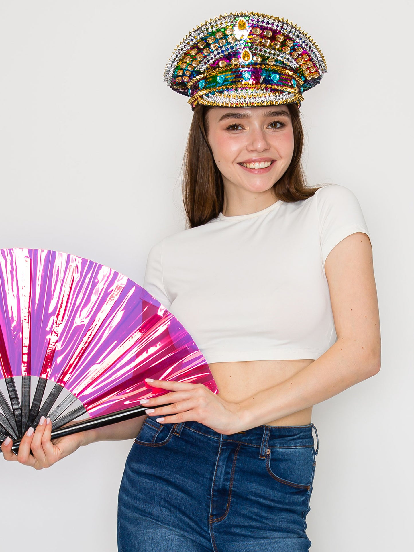 Naomi Rainbow Crystal Rhinestone & Sequin Embellished Metallic Hat