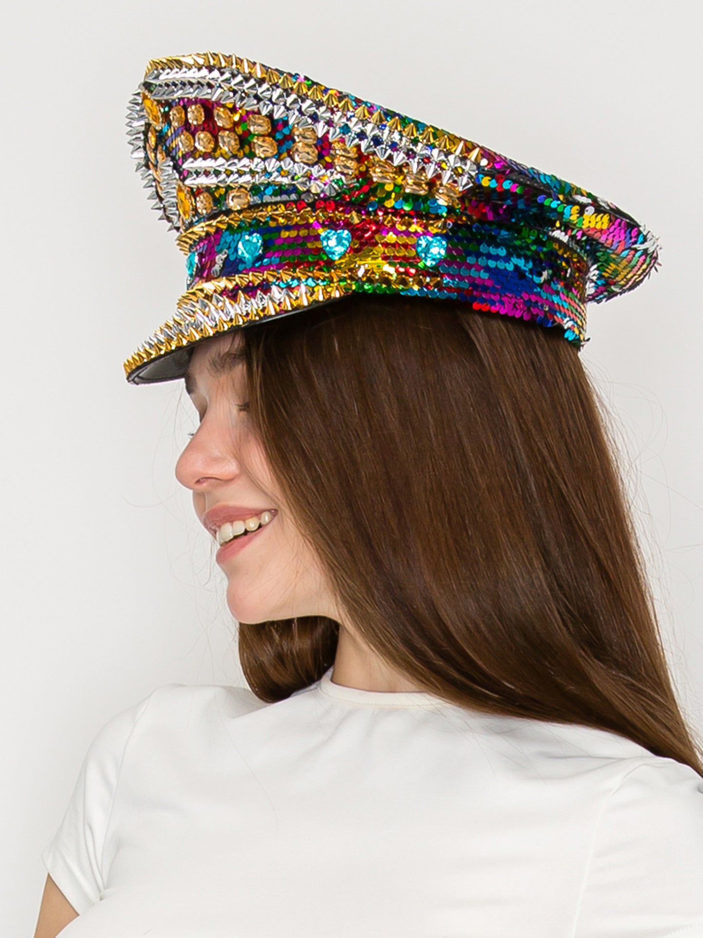 Naomi Rainbow Crystal Rhinestone & Sequin Embellished Metallic Hat