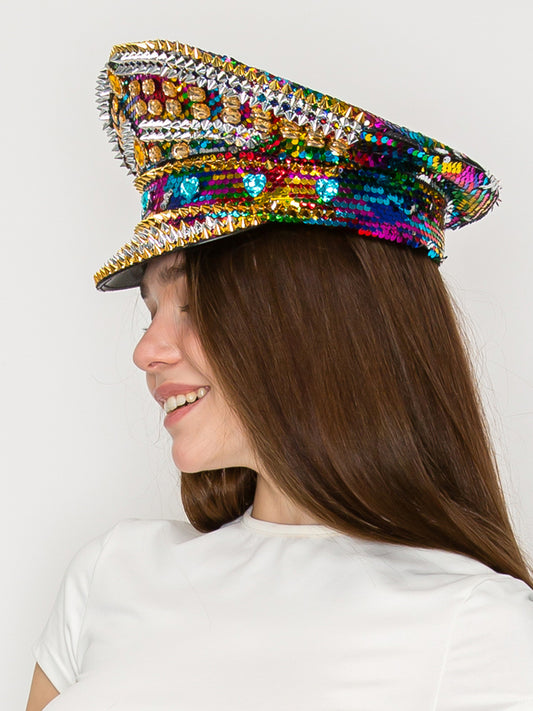 Naomi Rainbow Crystal Rhinestone & Sequin Embellished Metallic Hat