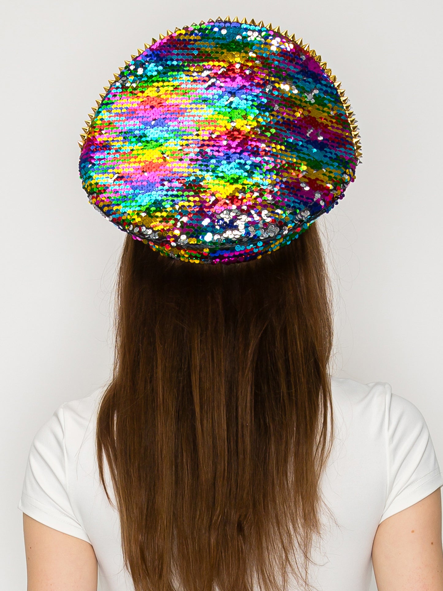 Naomi Rainbow Crystal Rhinestone & Sequin Embellished Metallic Hat