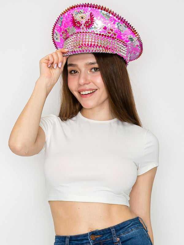 Linda Hot Pink Angel Eye Crystal & Sequin Embellished Captain Hat