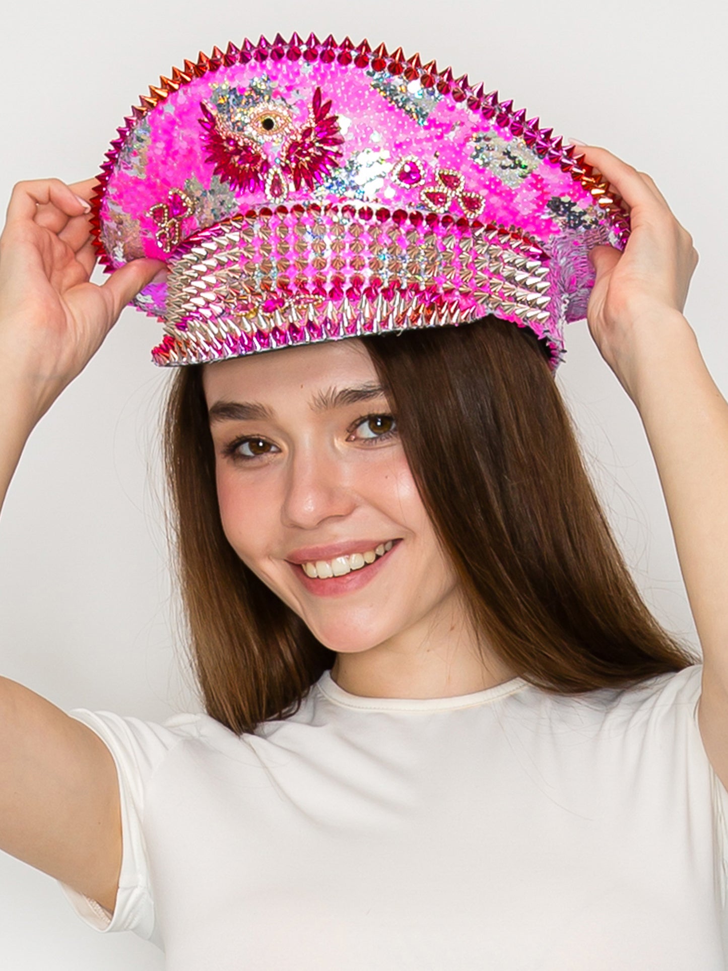 Linda Hot Pink Angel Eye Crystal & Sequin Embellished Captain Hat