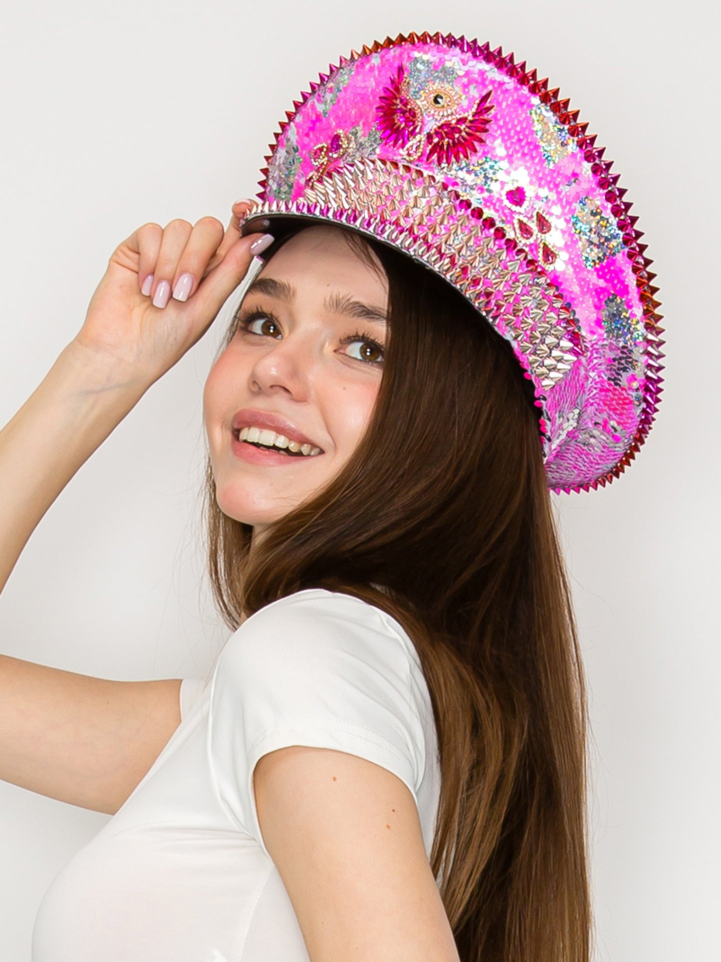 Linda Hot Pink Angel Eye Crystal & Sequin Embellished Captain Hat