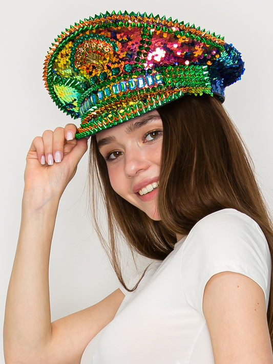 Maya Crystal & Sequin Embellished Peacock Captain Hat | Green