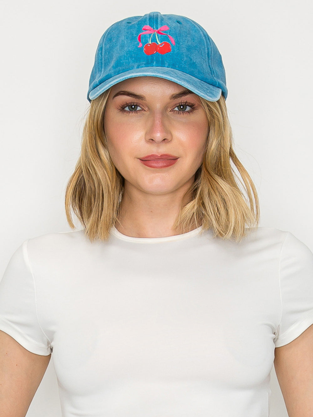 Sienna Ribbon Cherries Embroidered Relaxed Denim Fit Baseball Cap