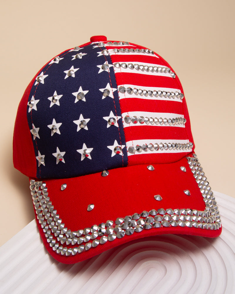 Kim American Flag Hotfix Rhinestone Embellished Baseball Cap | Red