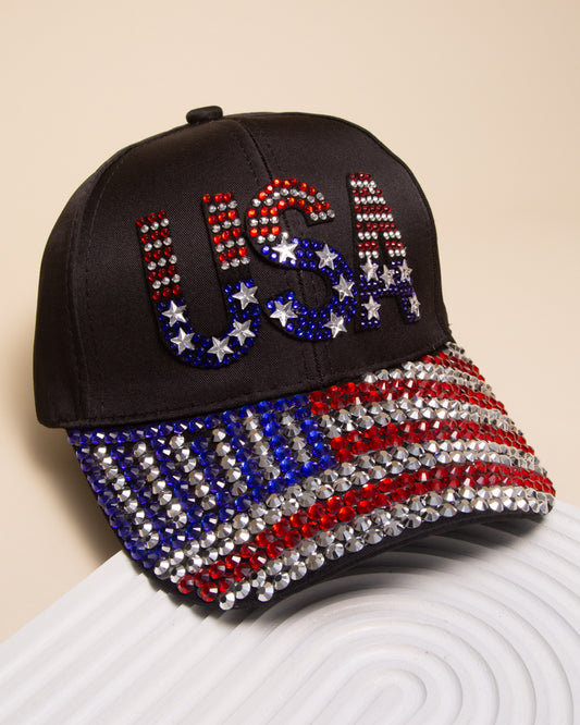 Sylvia American Flag Hotfix Rhinestone Embellished Baseball Cap | Black