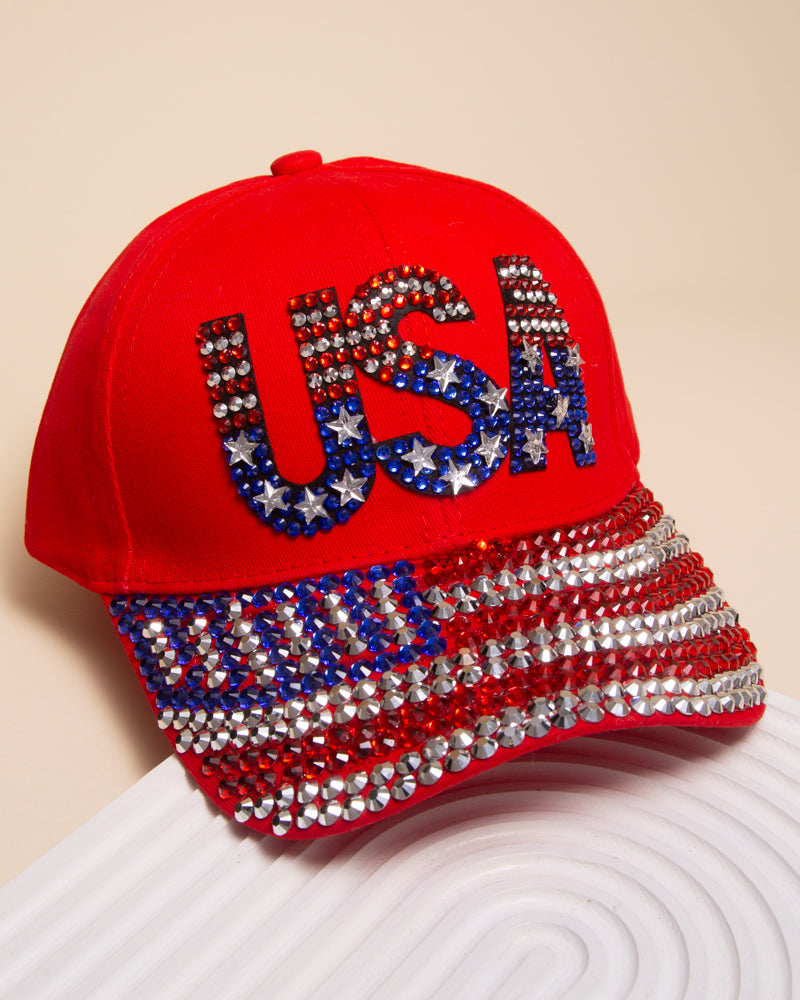 Sylvia American Flag Hotfix Rhinestone Embellished Baseball Cap