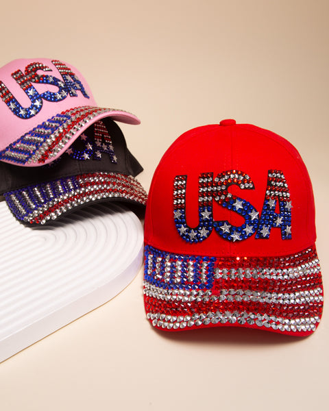 Unisex Embellished American Flag Rhinestone Baseball Cap - Red White Blue Wholesale US Flag Rhinestone Studded Red, White, and Blue  main image 4