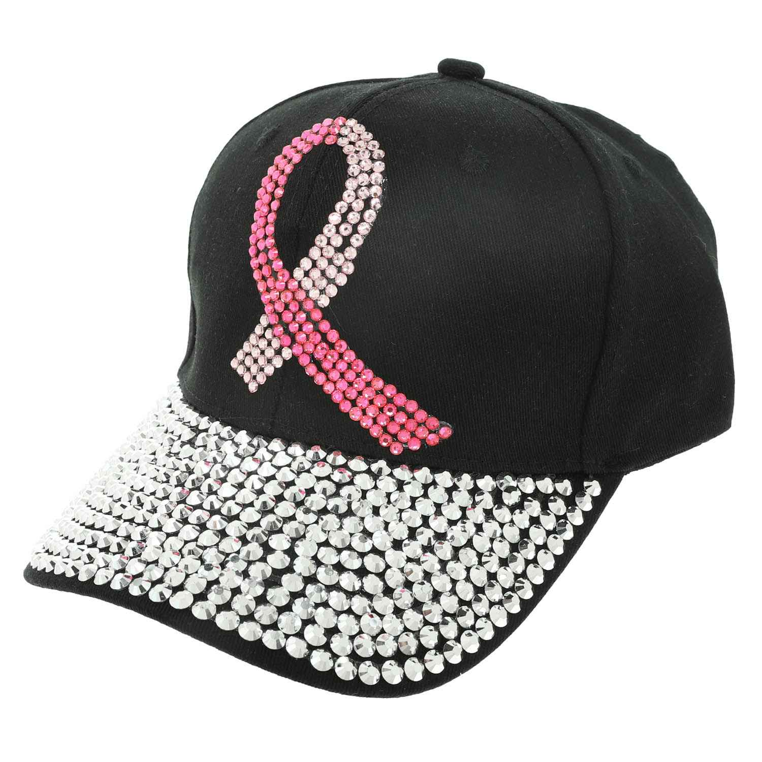 Mackenzie Breast Cancer Awareness Ribbon Rhinestone Baseball Cap | Black