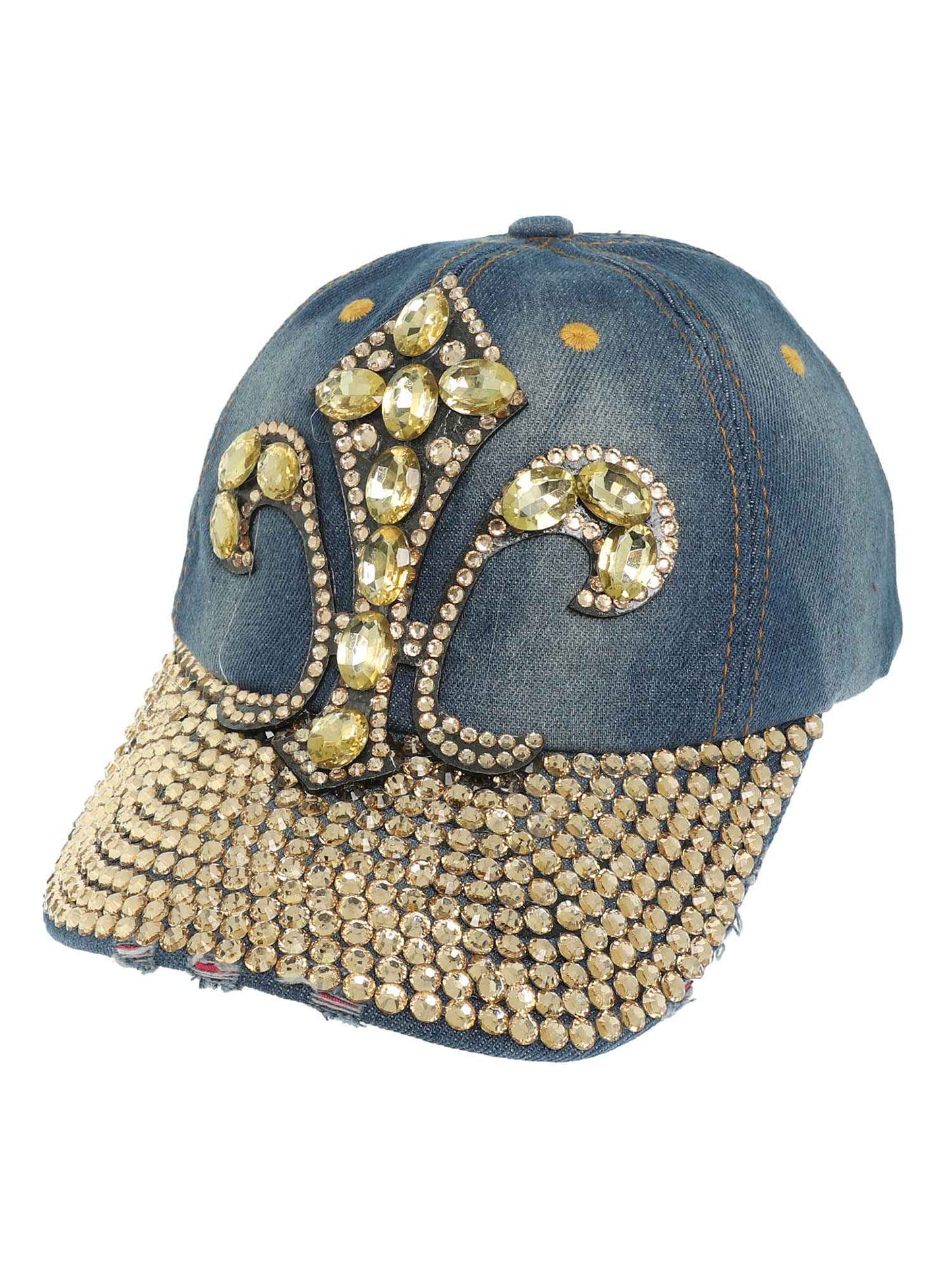 Ruby Crystal Rhinestone Embellished Fleur-de-Lis Denim Cap