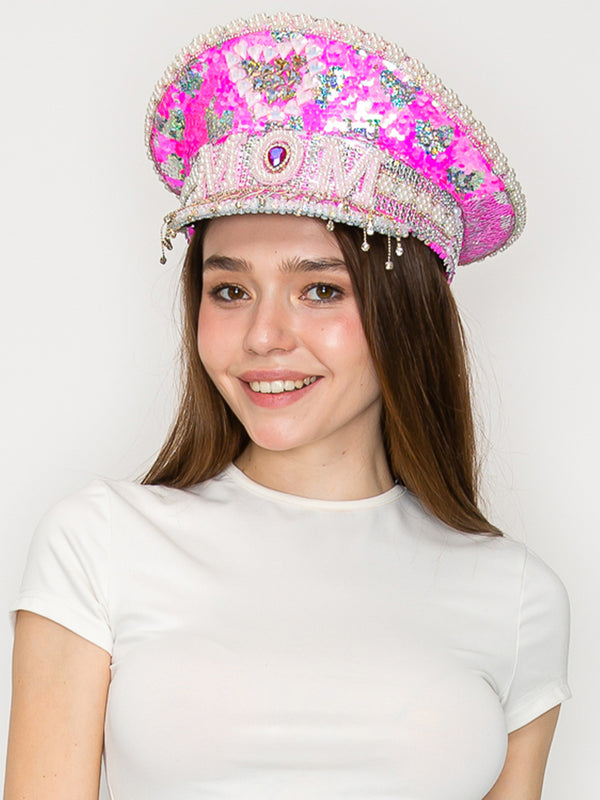 Luna “MOM” Pink Sequin & Pearl Crystal Embellished Love Hat