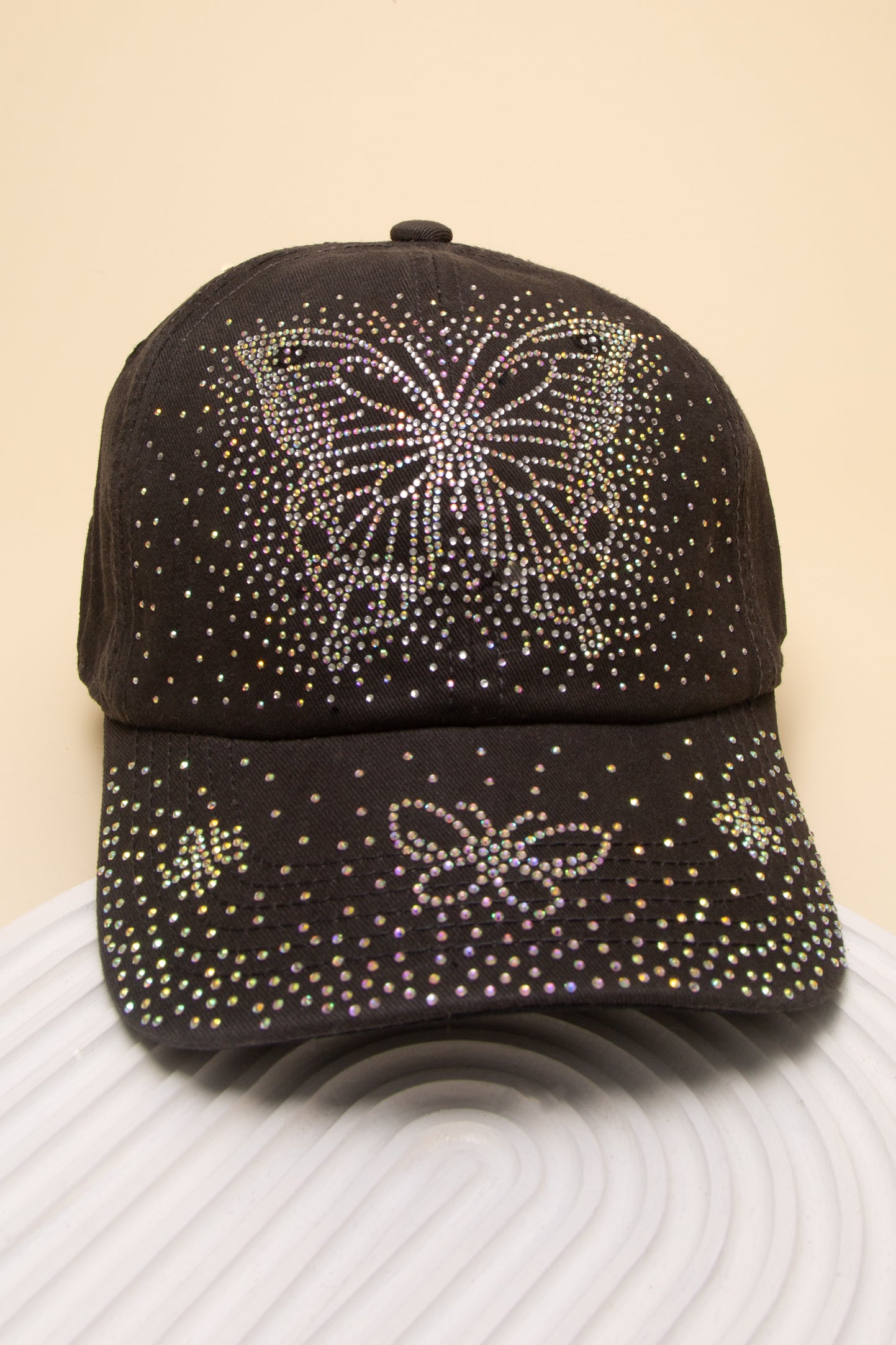Charlotte Rhinestone Embellished Butterfly Design Denim Baseball Hat | Black