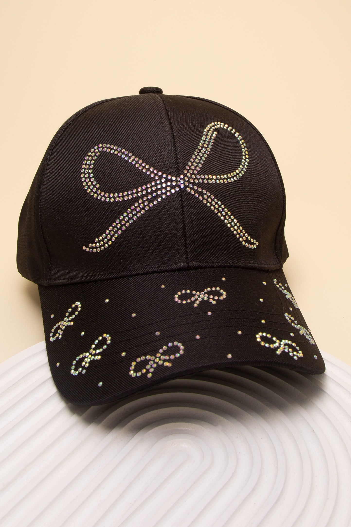 Lia Rhinestone Embellished Long Tail Bow Design Denim Cap | Black