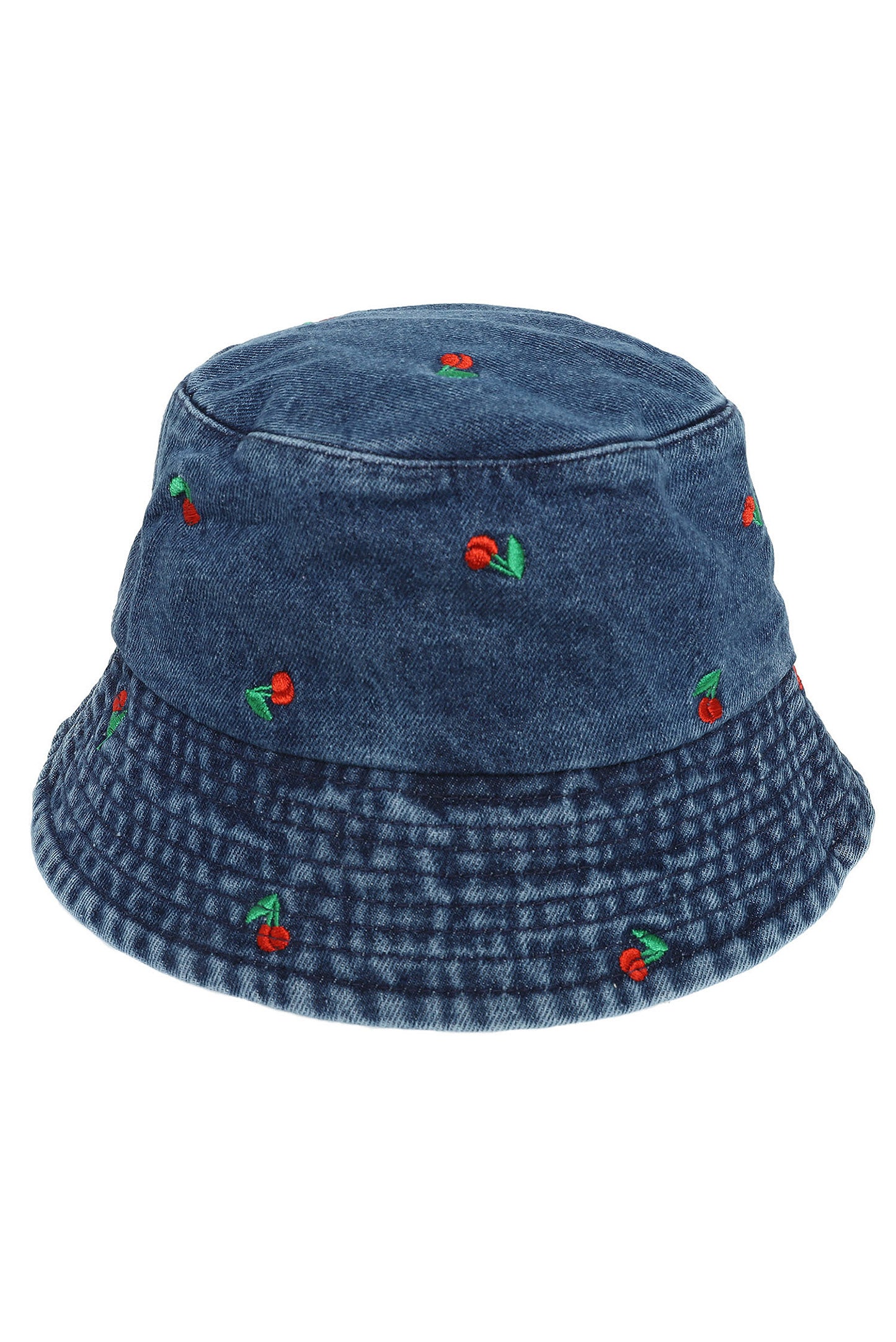 Valentina Denim Bucket Hat with Embroidered Cherry Accents