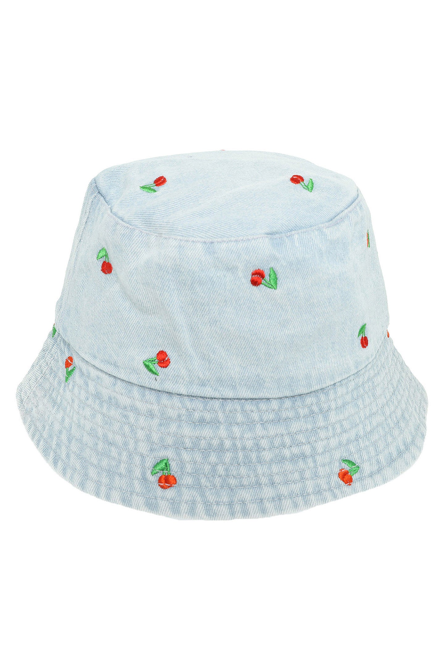 Valentina Denim Bucket Hat with Embroidered Cherry Accents